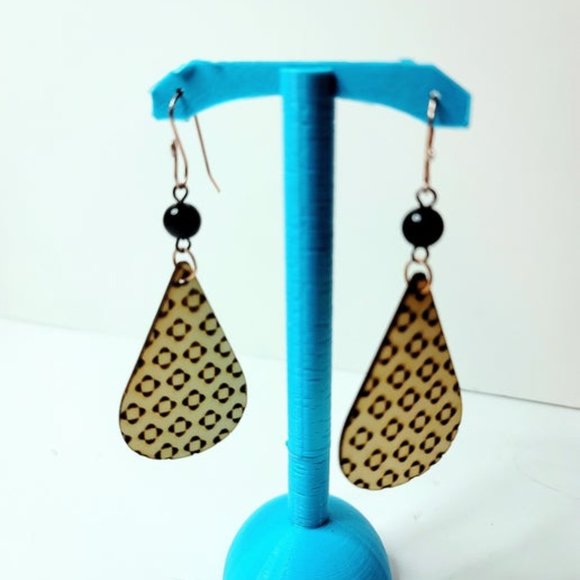 Handmade Wooden Teardrop intrigued Pattern Earrings with Plastic Beads and Wire - Picture 1 of 3
